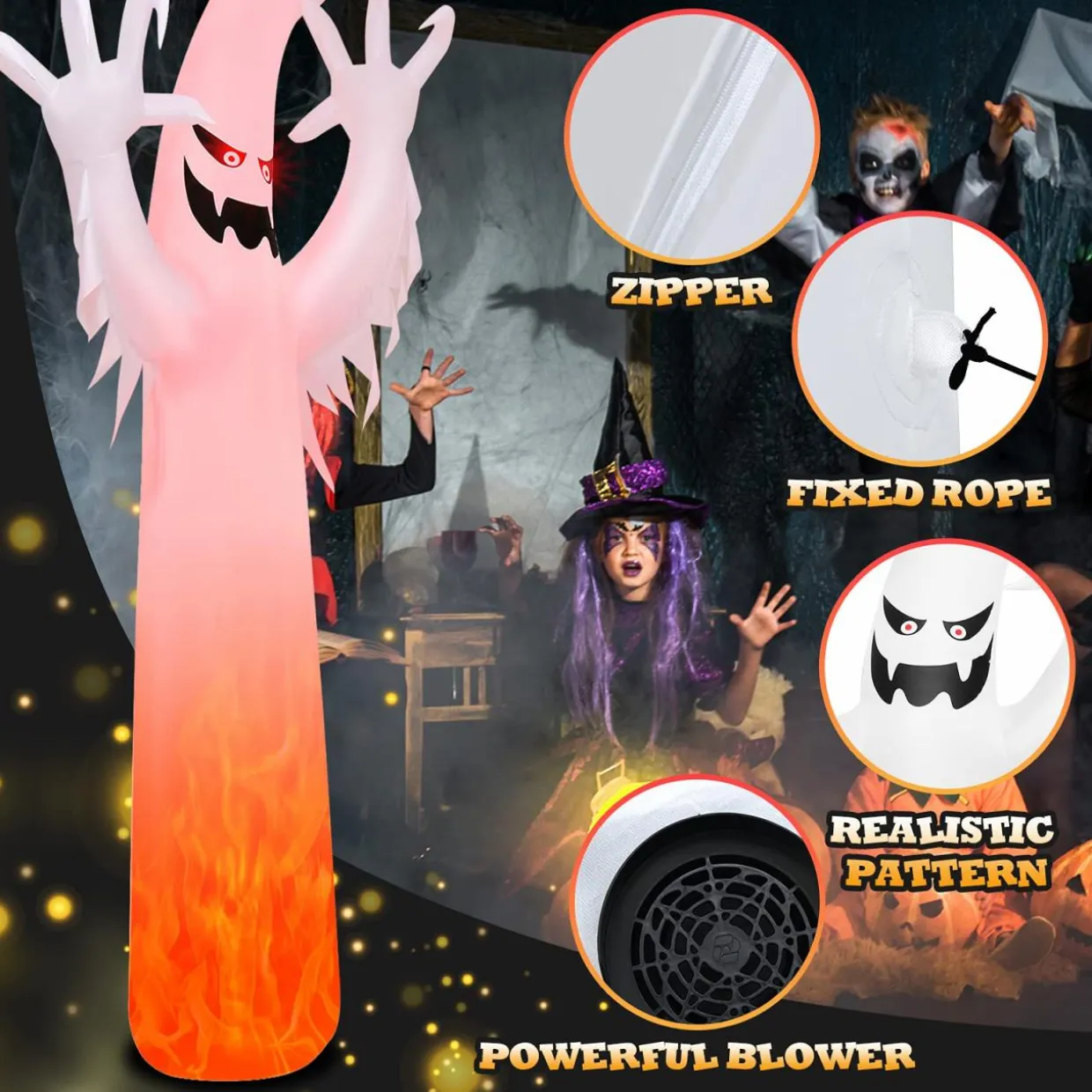 Tangkula 12 FT Halloween Inflatable Ghost W/ Rotating Flame LED Lights, Air Blower, Stake, Sandbag