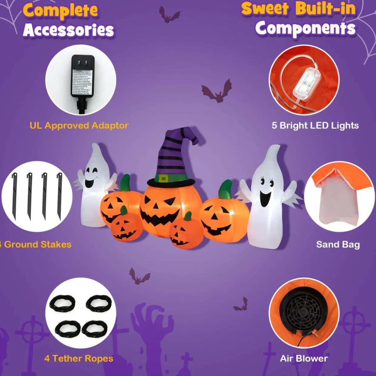 Tangkula 9 FT Halloween Inflatable Pumpkin Ghost, Spooky Lighted Holiday Decoration w/ Witch's Hat,