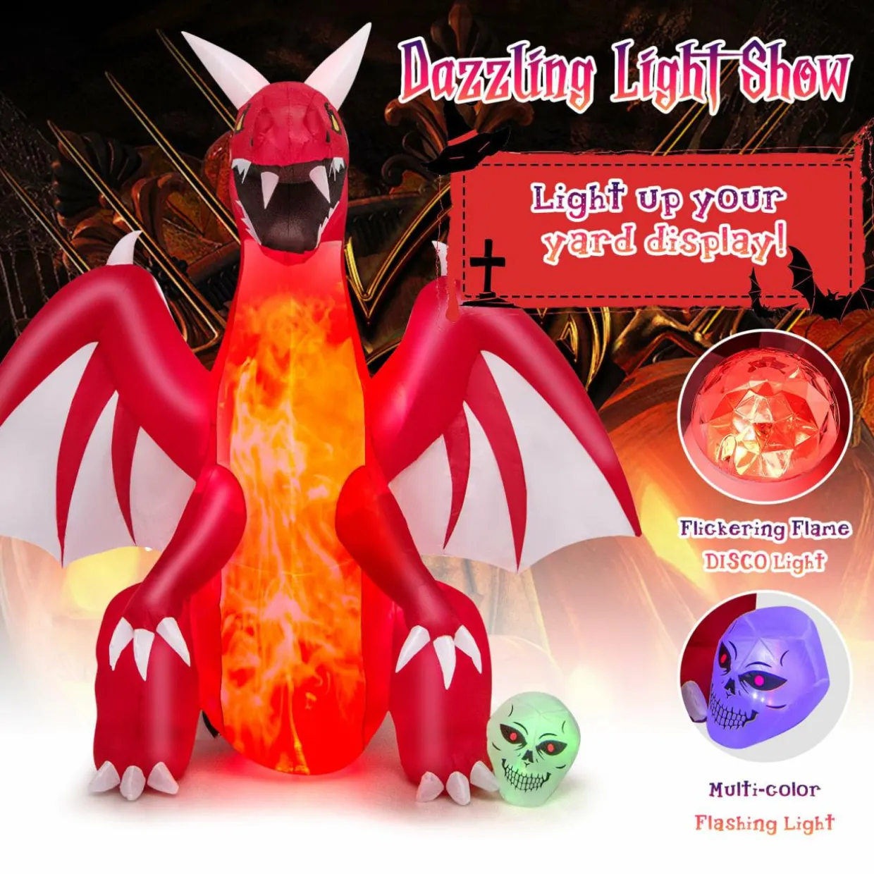 Tangkula 8 FT Halloween Inflatable Fire Dragon, Blow-up Red Dragon
