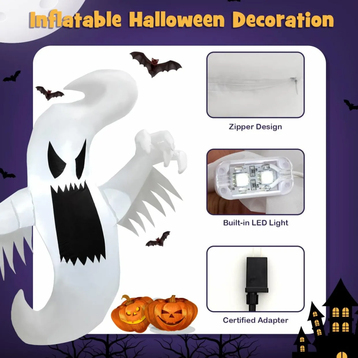 Tangkula 5 FT Halloween Inflatable Ghost, Blow-up Hanging Decoration with 2 Built-in LED Lights & Powerful Blower