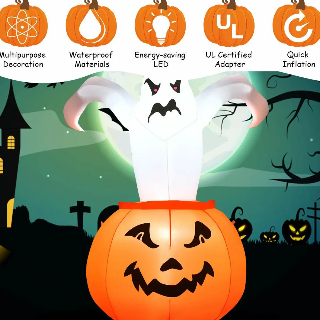 Tangkula 6 FT Halloween Inflatable Ghost in Pumpkin, Blow-up Ghost with Internally LED Bulb & Waterproof Fan