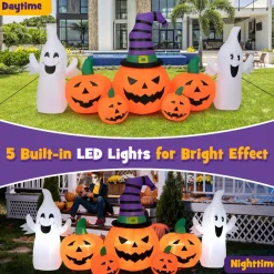 Tangkula 9 FT Halloween Inflatable Pumpkin Ghost, Spooky Lighted Holiday Decoration w/ Witch's Hat,