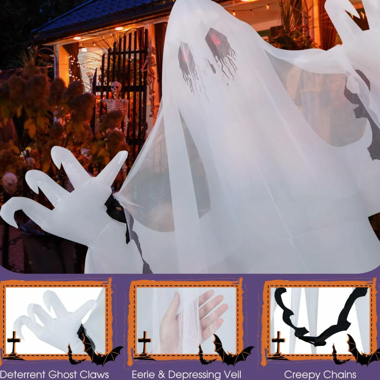 Tangkula 8 FT Halloween Inflatable Ghost, Blow-up Haunting Ghost Bride with Flame LED Light