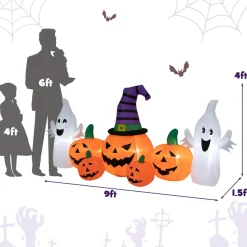 Tangkula 9 FT Halloween Inflatable Pumpkin Ghost, Spooky Lighted Holiday Decoration w/ Witch's Hat,