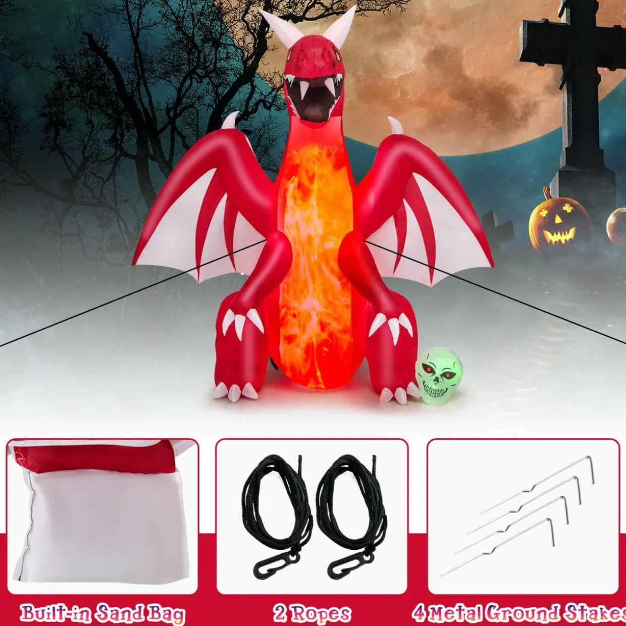 Tangkula 8 FT Halloween Inflatable Fire Dragon, Blow-up Red Dragon