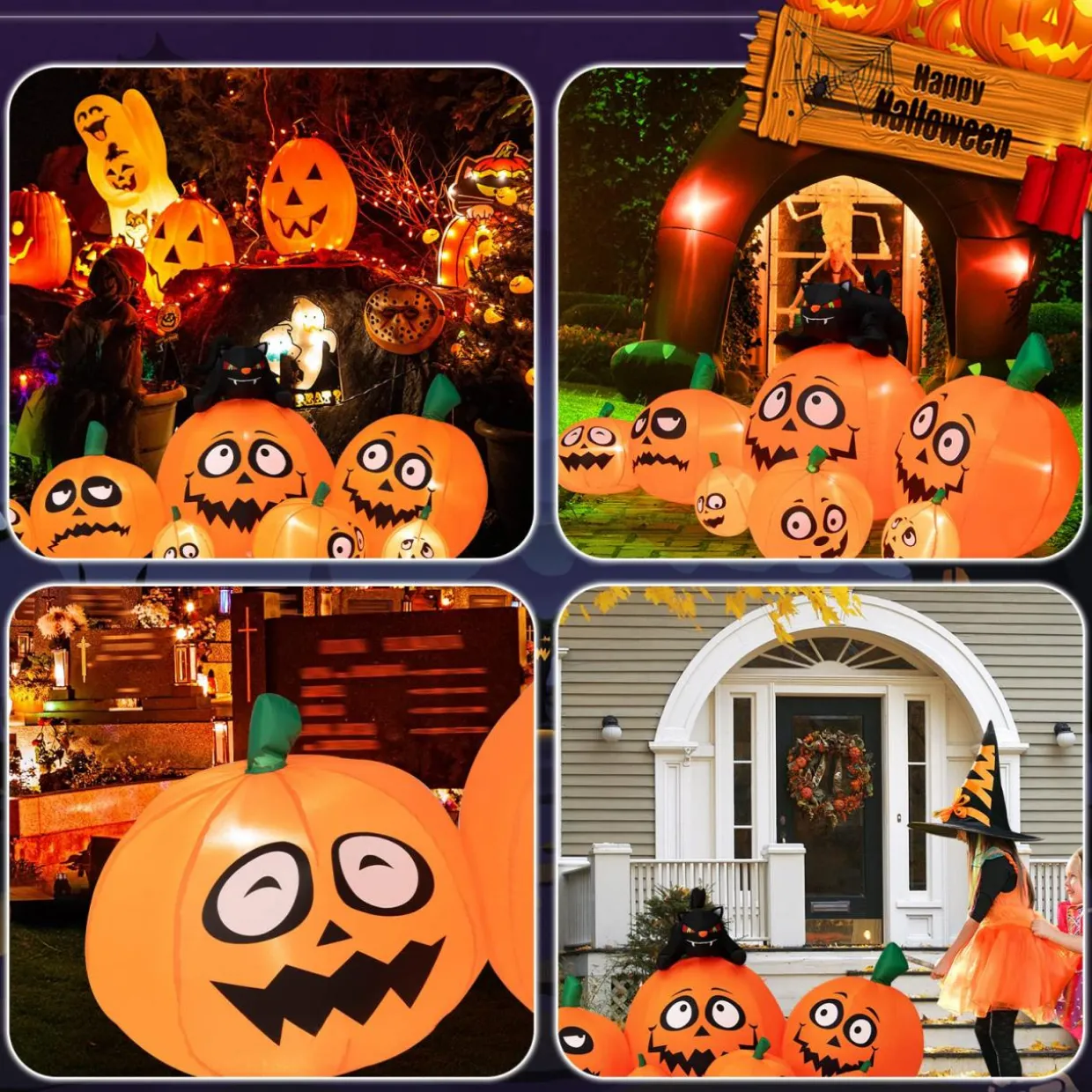 Tangkula 9.5 FT Halloween Inflatable Pumpkin Patch, 7 Pumpkins Family with Witches' Cat