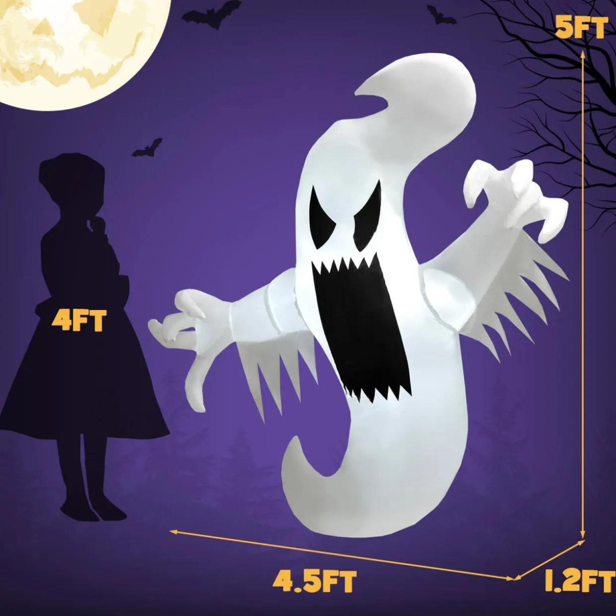 Tangkula 5 FT Halloween Inflatable Ghost, Blow-up Hanging Decoration with 2 Built-in LED Lights & Powerful Blower