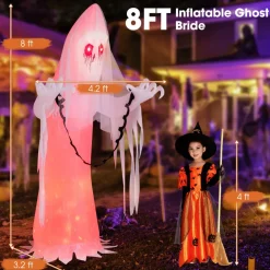 Tangkula 8 FT Halloween Inflatable Ghost, Blow-up Haunting Ghost Bride with Flame LED Light