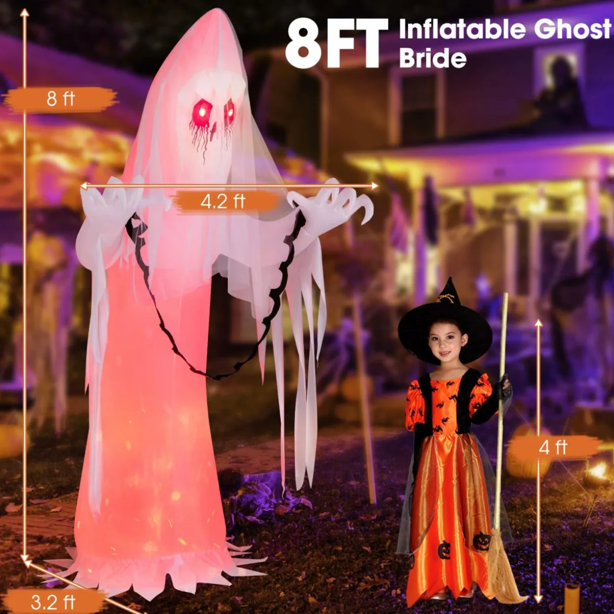 Tangkula 8 FT Halloween Inflatable Ghost, Blow-up Haunting Ghost Bride with Flame LED Light