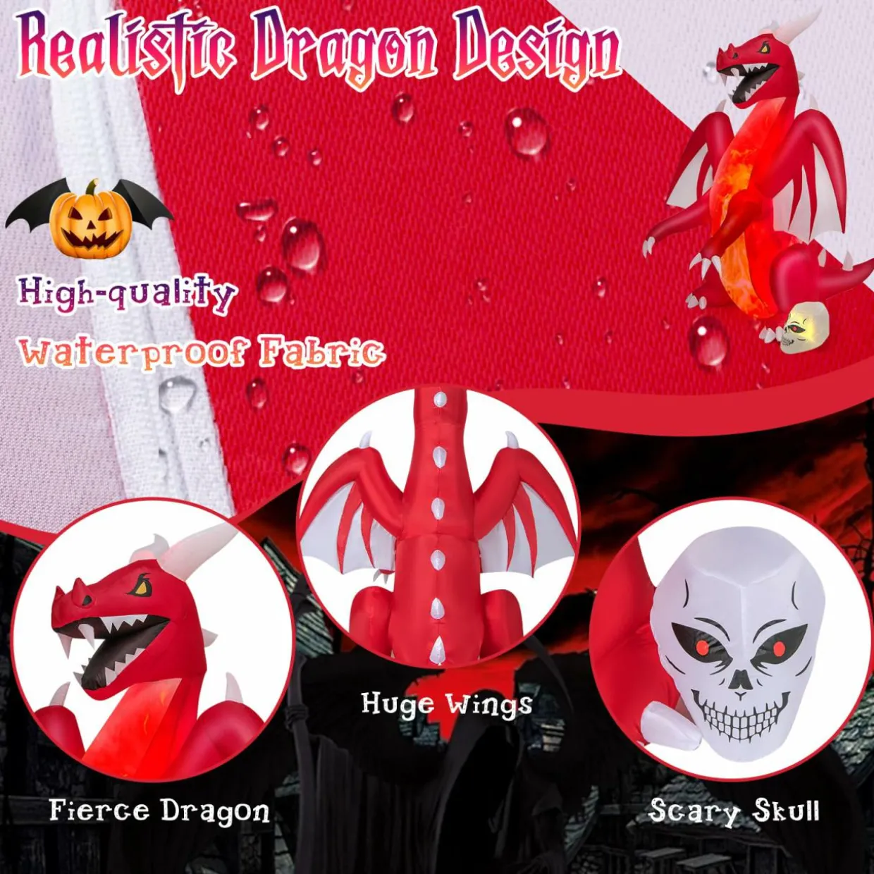 Tangkula 8 FT Halloween Inflatable Fire Dragon, Blow-up Red Dragon