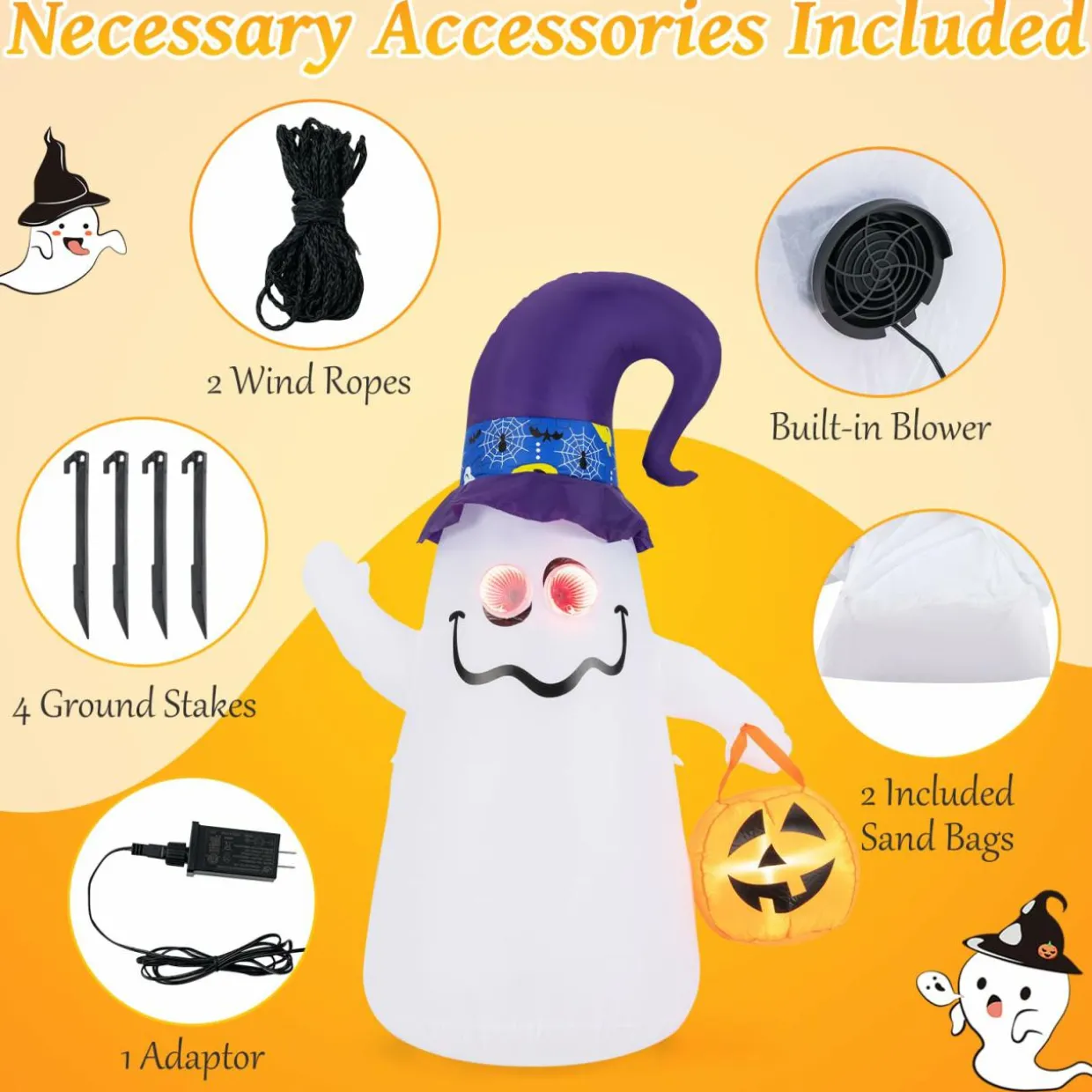 Tangkula 6 FT Halloween Inflatable Cute Ghost with Jack-O-Lantern