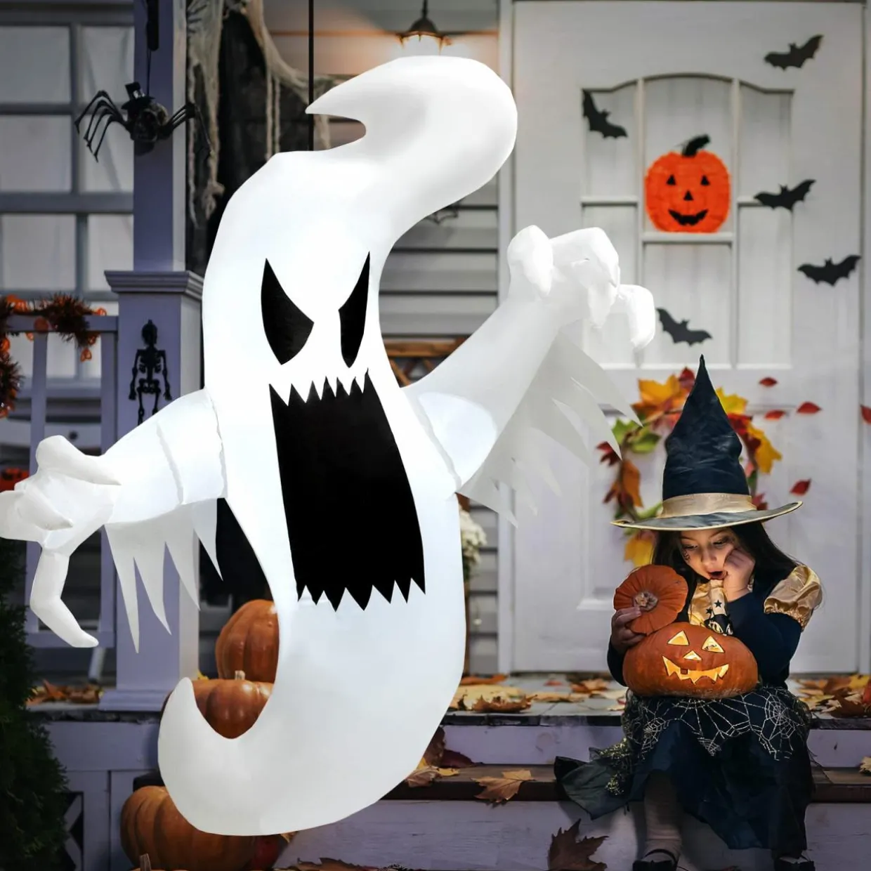 Tangkula 5 FT Halloween Inflatable Ghost, Blow-up Hanging Decoration with 2 Built-in LED Lights & Powerful Blower