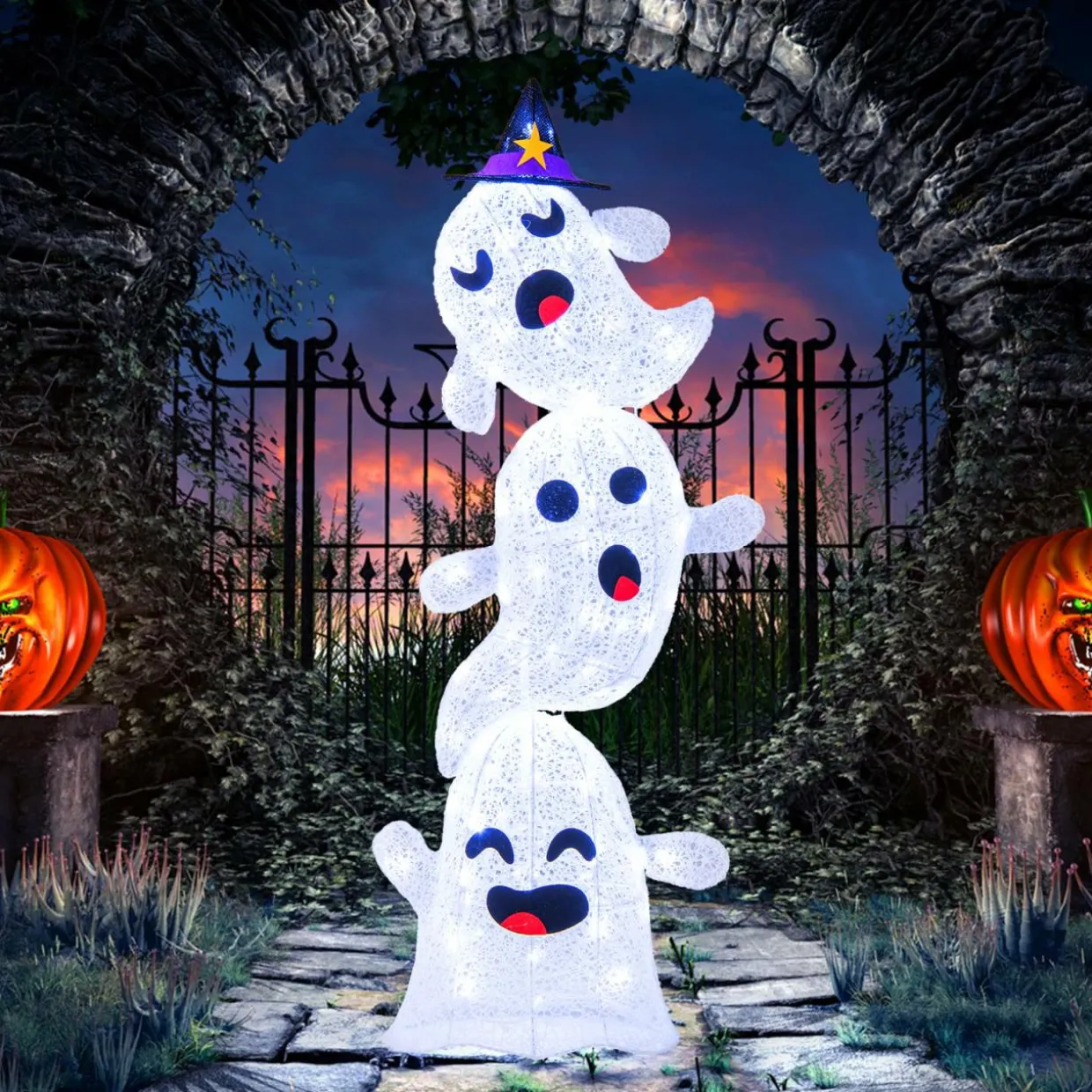 Tangkula 4 FT Halloween Lighted Stacked 3 Ghosts