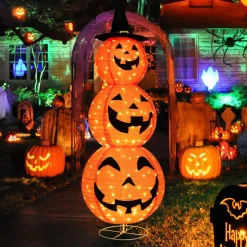 Tangkula 5 FT Halloween Lighted 3 Stacked Pumpkins, 3 Overlapped Pre-Lit Lighted Pumpkins with Hat