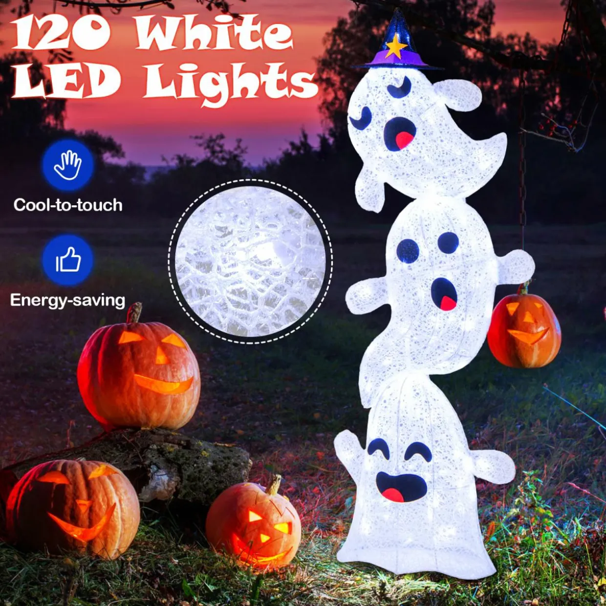 Tangkula 4 FT Halloween Lighted Stacked 3 Ghosts