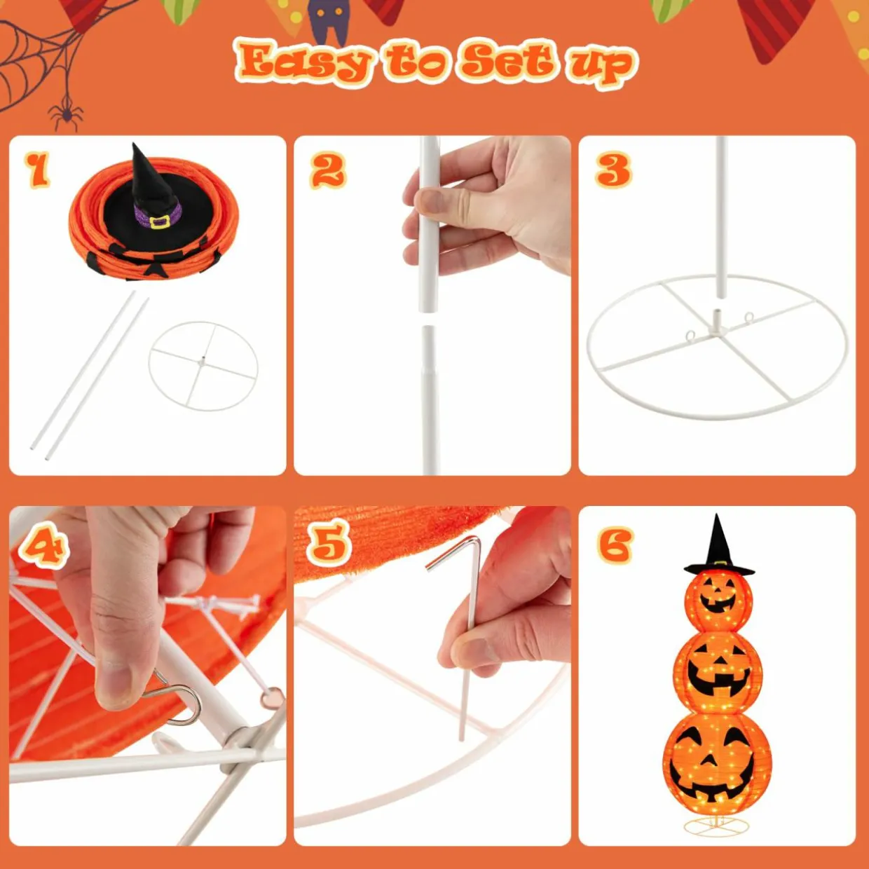 Tangkula 5 FT Halloween Lighted 3 Stacked Pumpkins, 3 Overlapped Pre-Lit Lighted Pumpkins with Hat
