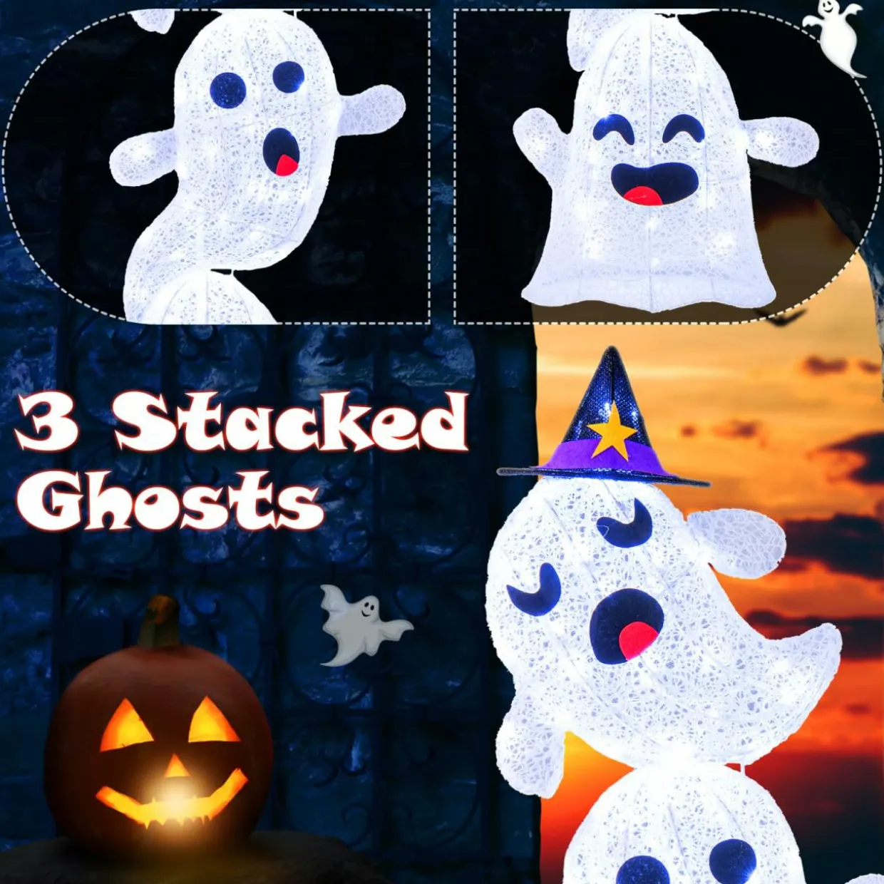 Tangkula 4 FT Halloween Lighted Stacked 3 Ghosts