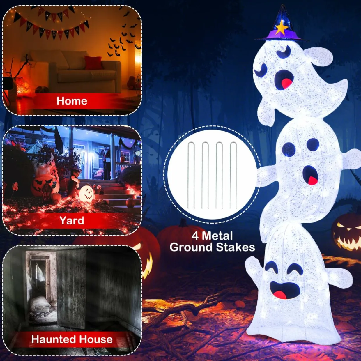 Tangkula 4 FT Halloween Lighted Stacked 3 Ghosts