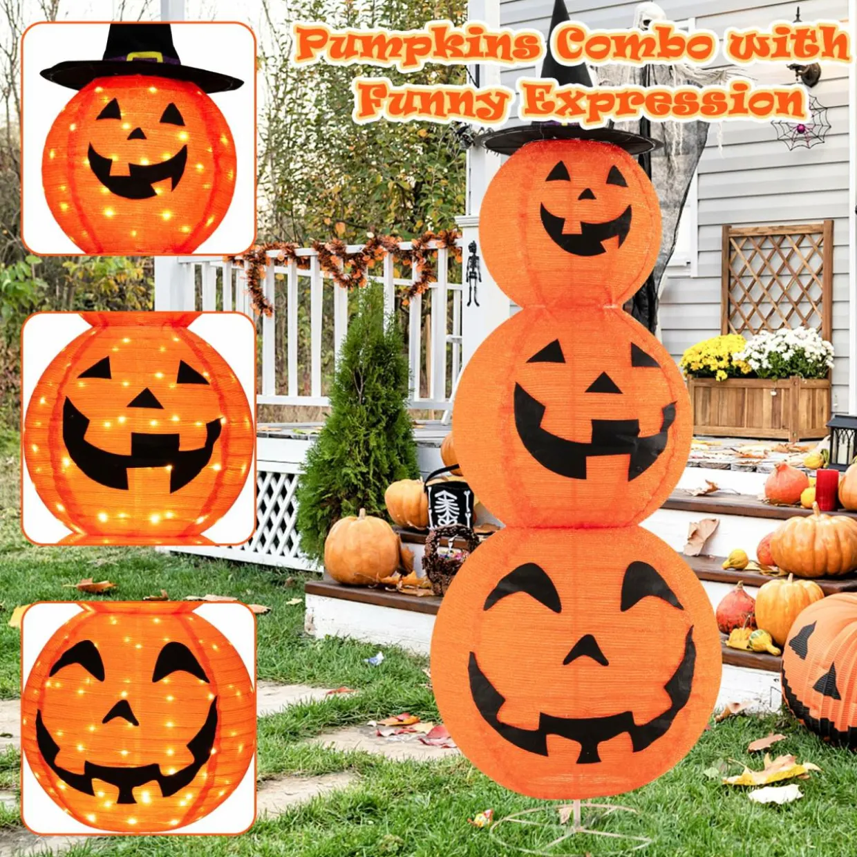 Tangkula 5 FT Halloween Lighted 3 Stacked Pumpkins, 3 Overlapped Pre-Lit Lighted Pumpkins with Hat