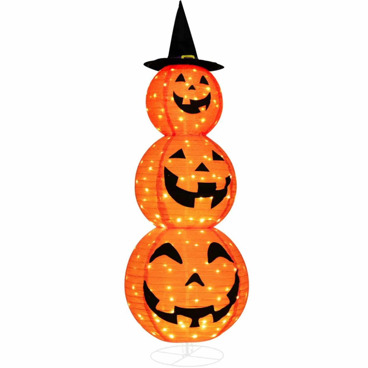Tangkula 5 FT Halloween Lighted 3 Stacked Pumpkins, 3 Overlapped Pre-Lit Lighted Pumpkins with Hat