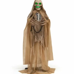 Tangkula 5.6 FT Halloween Standing Animated Skeleton with Chain, Animatronic Skull Grim Reaper with LED lights