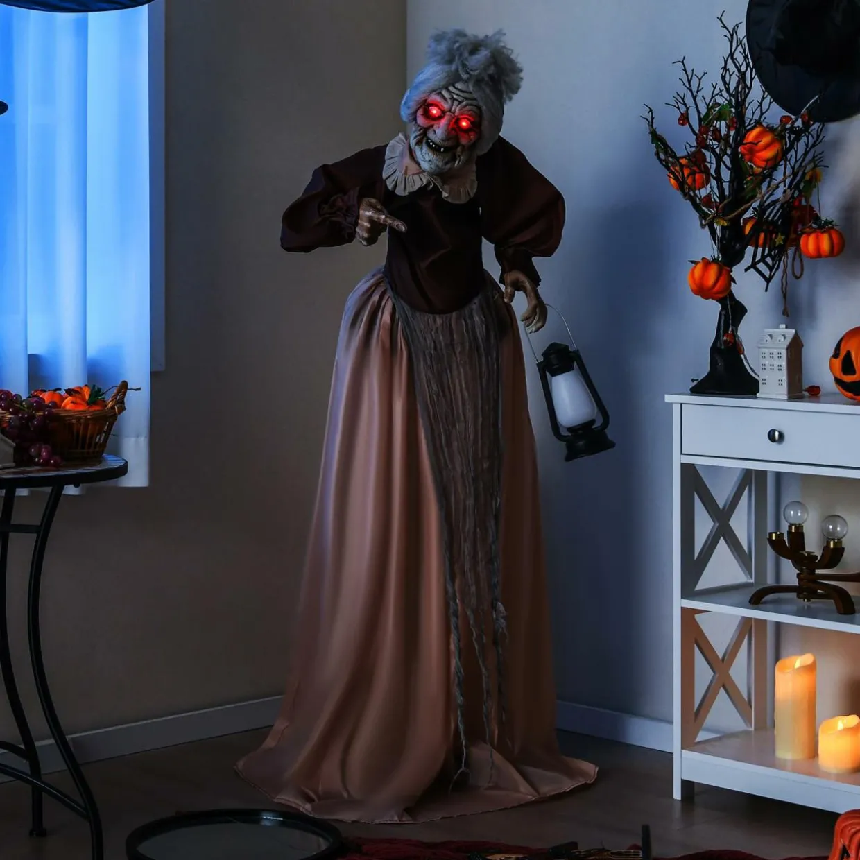 Tangkula 5 FT Halloween Standing Animated Old Lady Holding Lantern, Animatronic Zombie Maid with LED Lighted Red Eyes