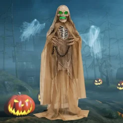 Tangkula 5.6 FT Halloween Standing Animated Skeleton with Chain, Animatronic Skull Grim Reaper with LED lights