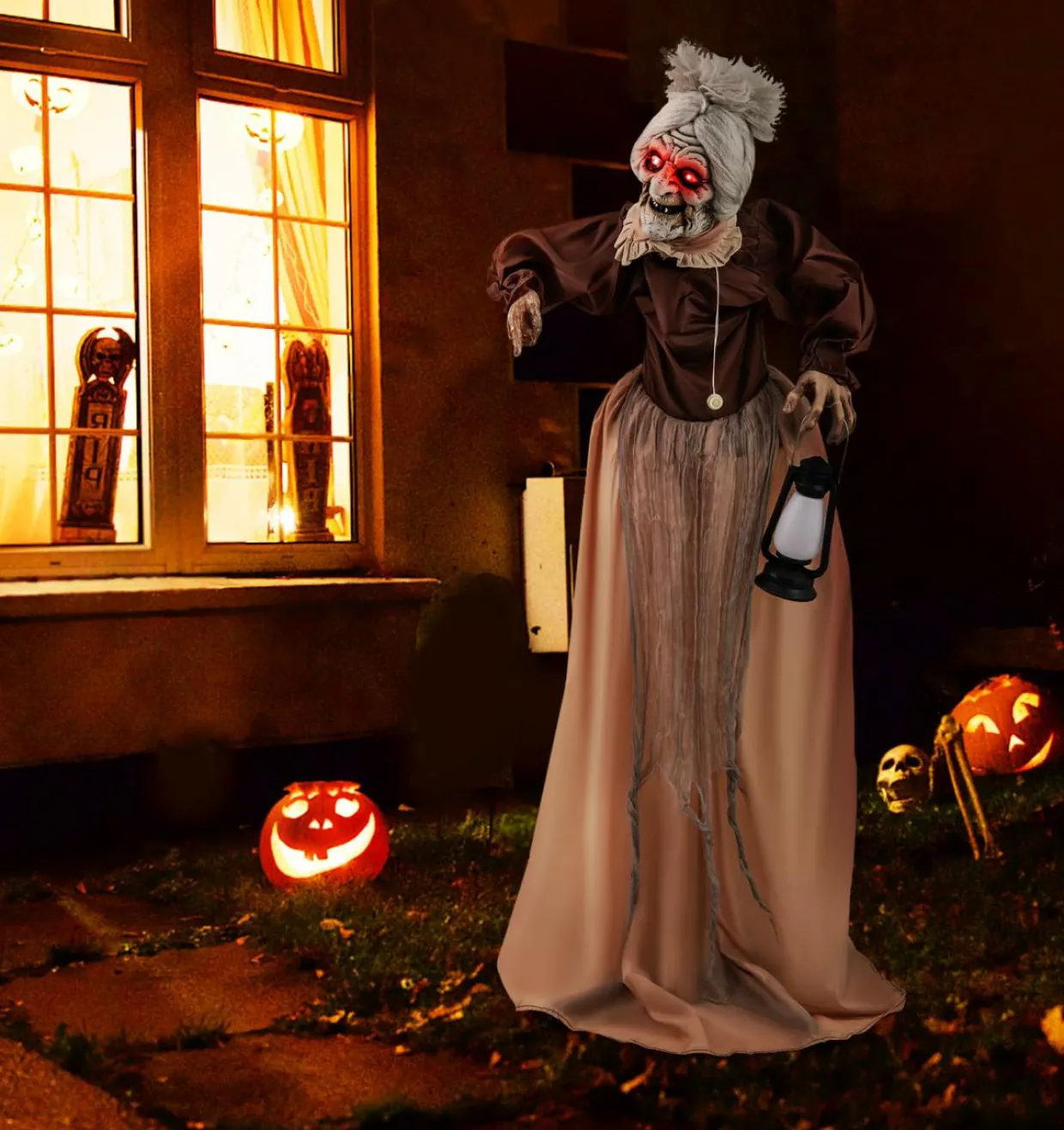 Tangkula 5 FT Halloween Standing Animated Old Lady Holding Lantern, Animatronic Zombie Maid with LED Lighted Red Eyes