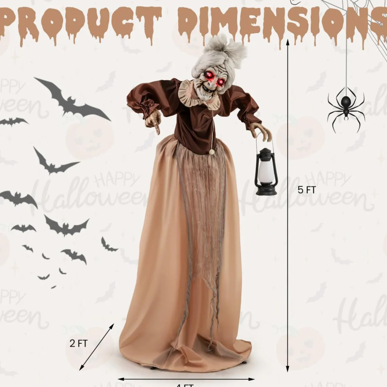 Tangkula 5 FT Halloween Standing Animated Old Lady Holding Lantern, Animatronic Zombie Maid with LED Lighted Red Eyes