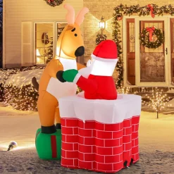Tangkula 5 FT Inflatable Christmas Liftable Santa Claus Climbing Chimney with Reindeer Standing on a Gift Box