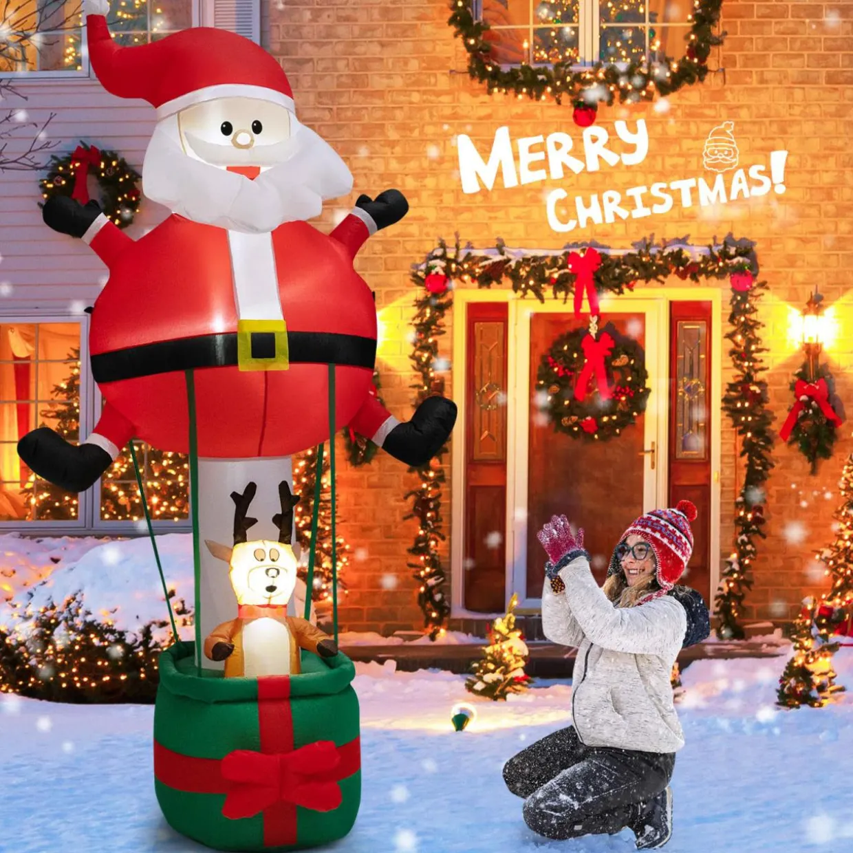 Tangkula 8 FT Inflatable Christmas Santa Claus w/ Hot Air Balloon & Reindeer