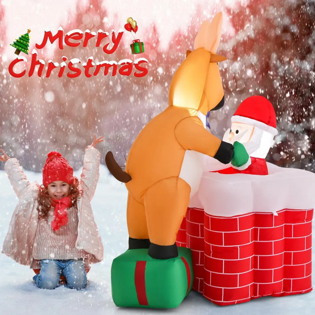 Tangkula 5 FT Inflatable Christmas Liftable Santa Claus Climbing Chimney with Reindeer Standing on a Gift Box