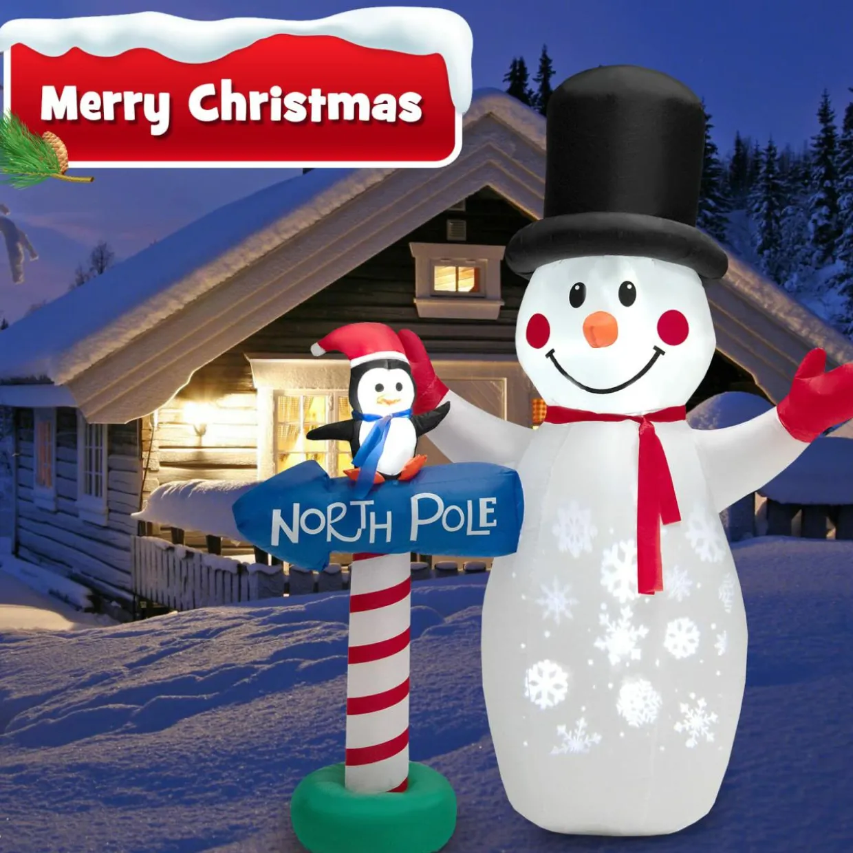 Tangkula 6 FT Inflatable Christmas Snowman, Blow up Xmas Decoration w/ Penguin Guidepost