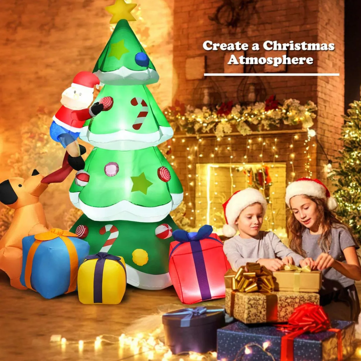 Tangkula 7 Ft Inflatable Christmas Tree with Santa Claus Dog & Gift Boxes