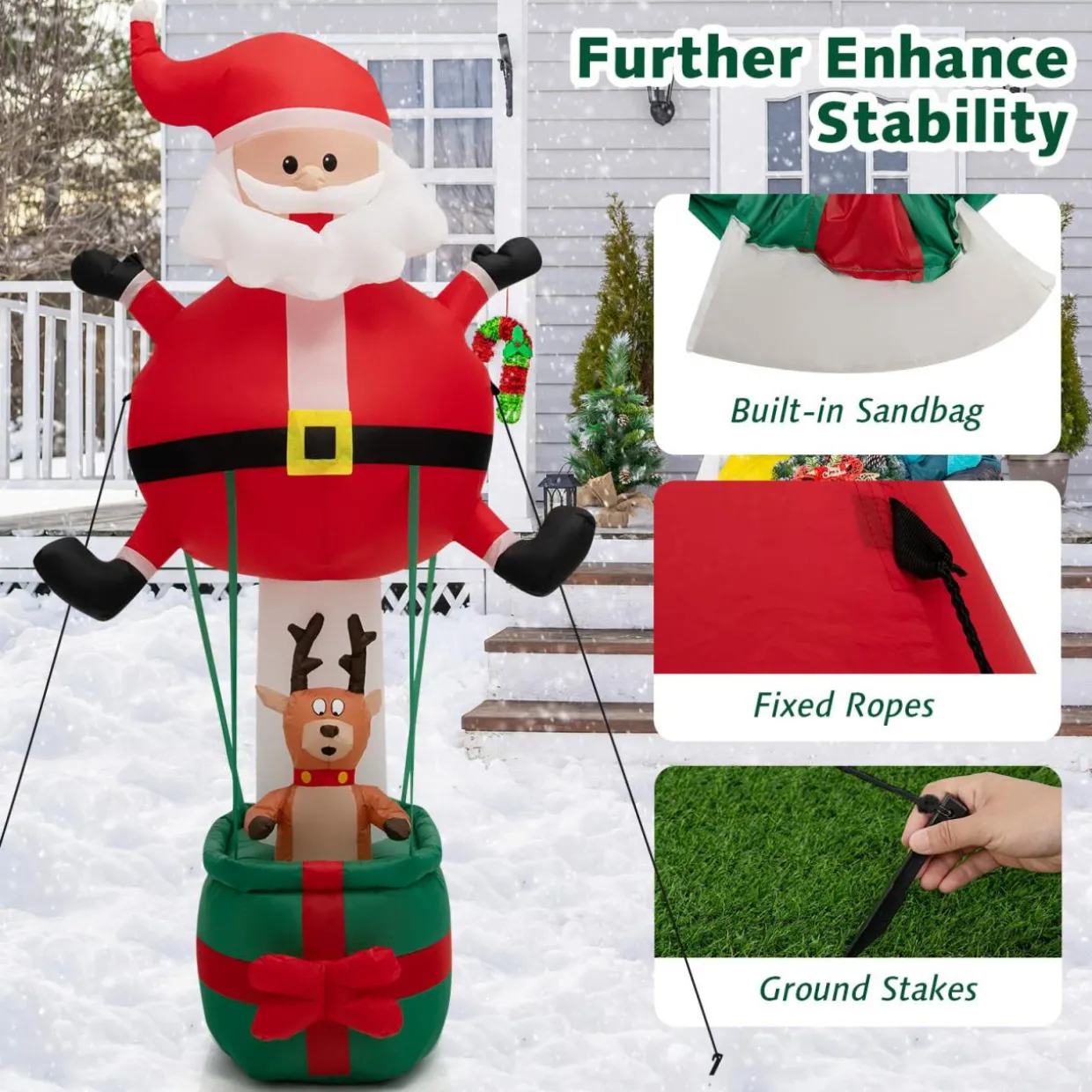 Tangkula 8 FT Inflatable Christmas Santa Claus w/ Hot Air Balloon & Reindeer