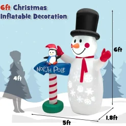 Tangkula 6 FT Inflatable Christmas Snowman, Blow up Xmas Decoration w/ Penguin Guidepost