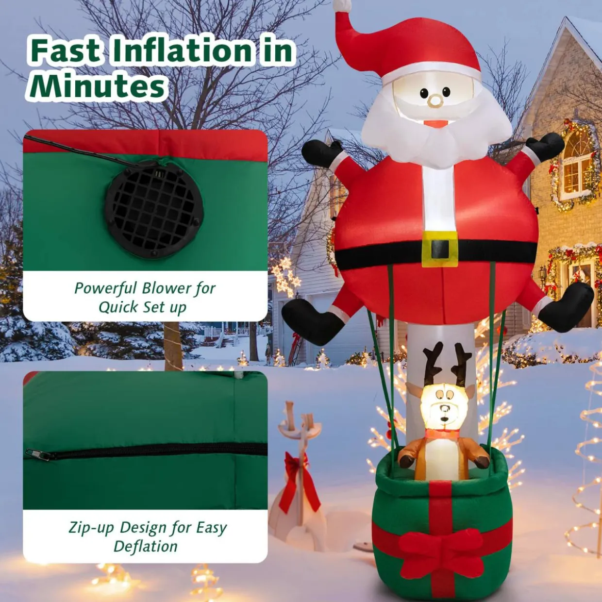 Tangkula 8 FT Inflatable Christmas Santa Claus w/ Hot Air Balloon & Reindeer