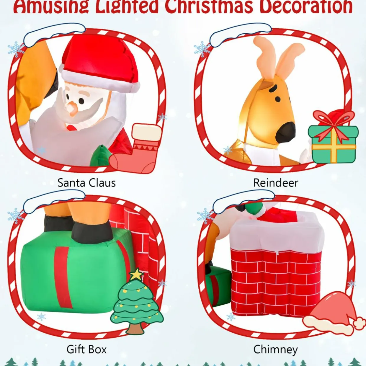 Tangkula 5 FT Inflatable Christmas Liftable Santa Claus Climbing Chimney with Reindeer Standing on a Gift Box