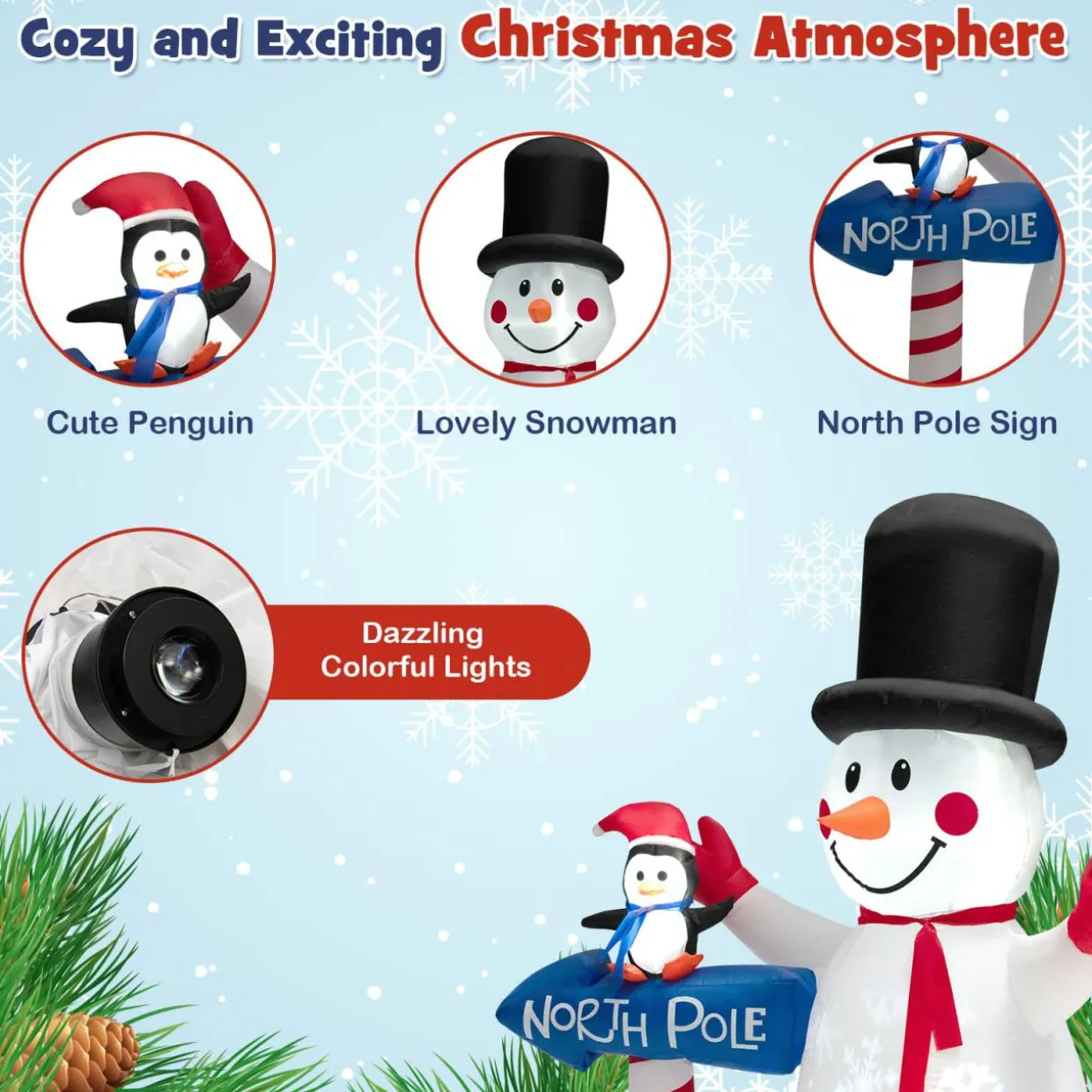 Tangkula 6 FT Inflatable Christmas Snowman, Blow up Xmas Decoration w/ Penguin Guidepost