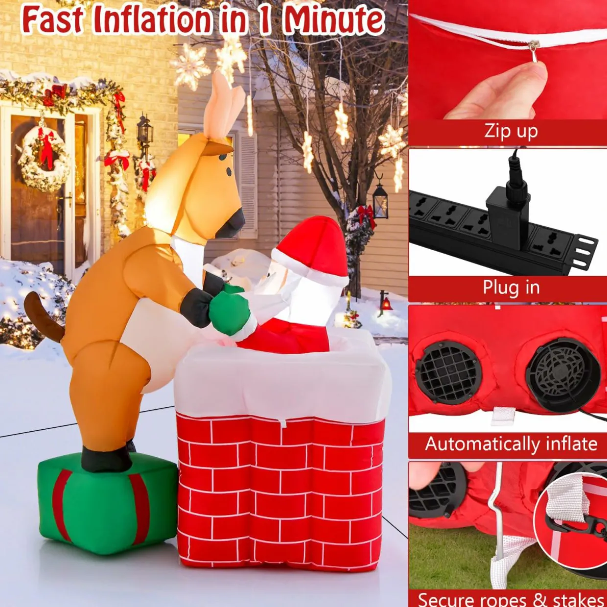 Tangkula 5 FT Inflatable Christmas Liftable Santa Claus Climbing Chimney with Reindeer Standing on a Gift Box