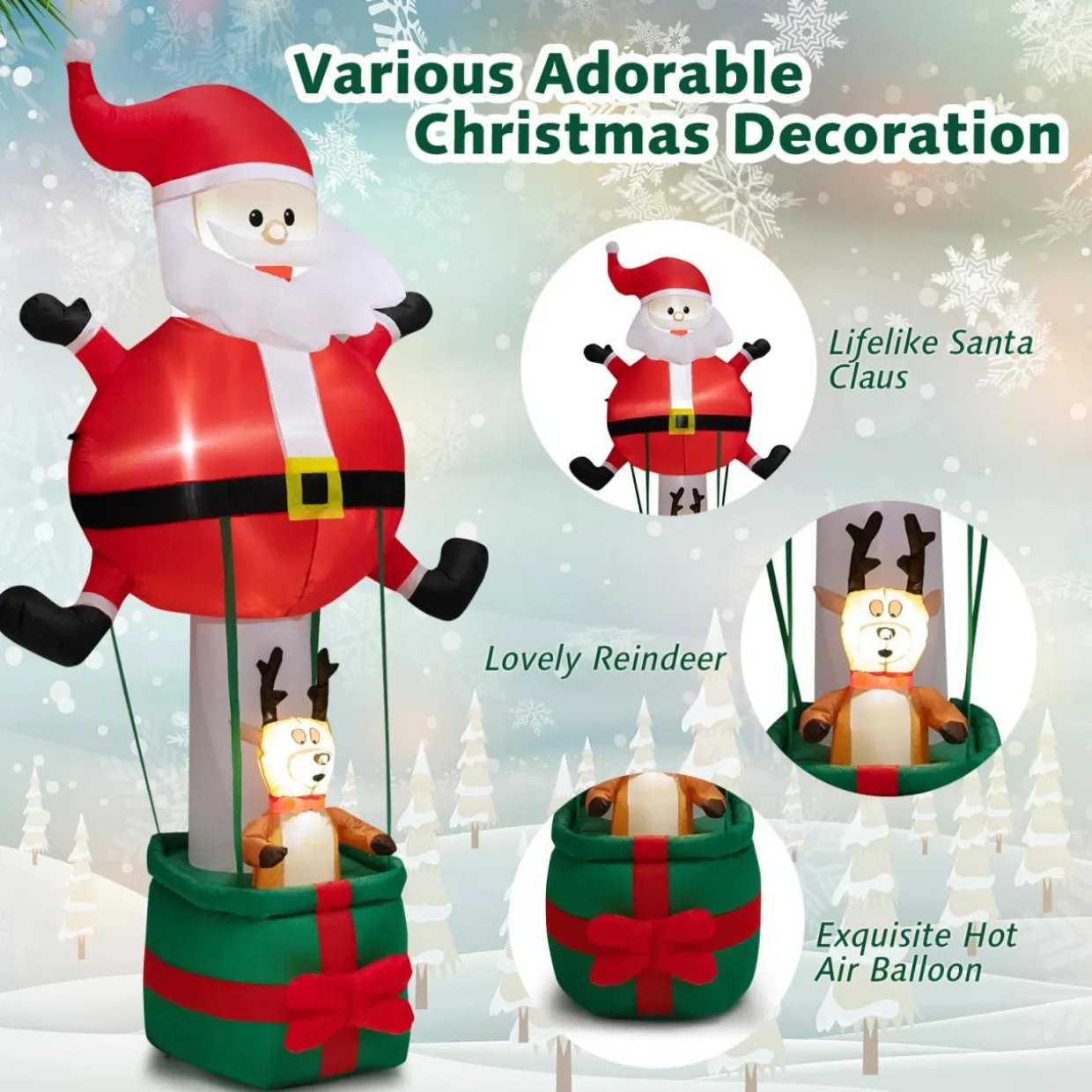 Tangkula 8 FT Inflatable Christmas Santa Claus w/ Hot Air Balloon & Reindeer