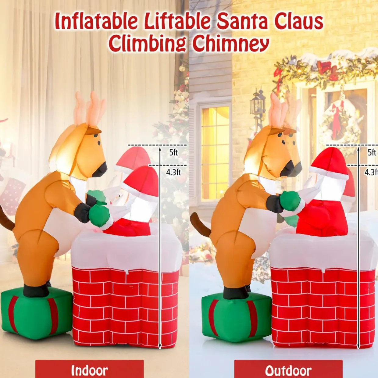 Tangkula 5 FT Inflatable Christmas Liftable Santa Claus Climbing Chimney with Reindeer Standing on a Gift Box