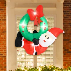 Tangkula 4 FT Inflatable Hanging Santa Claus Wreath, Christmas Pre-Lit Santa & Wreath with Red Bow & 5 LED Lights