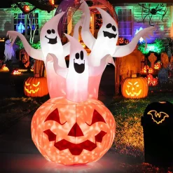 Tangkula 6 FT Inflatable Halloween 3 White Ghosts with Pumpkin, Blow-up Yard Decoration with Built-in LED Lights & Rotating Lamp