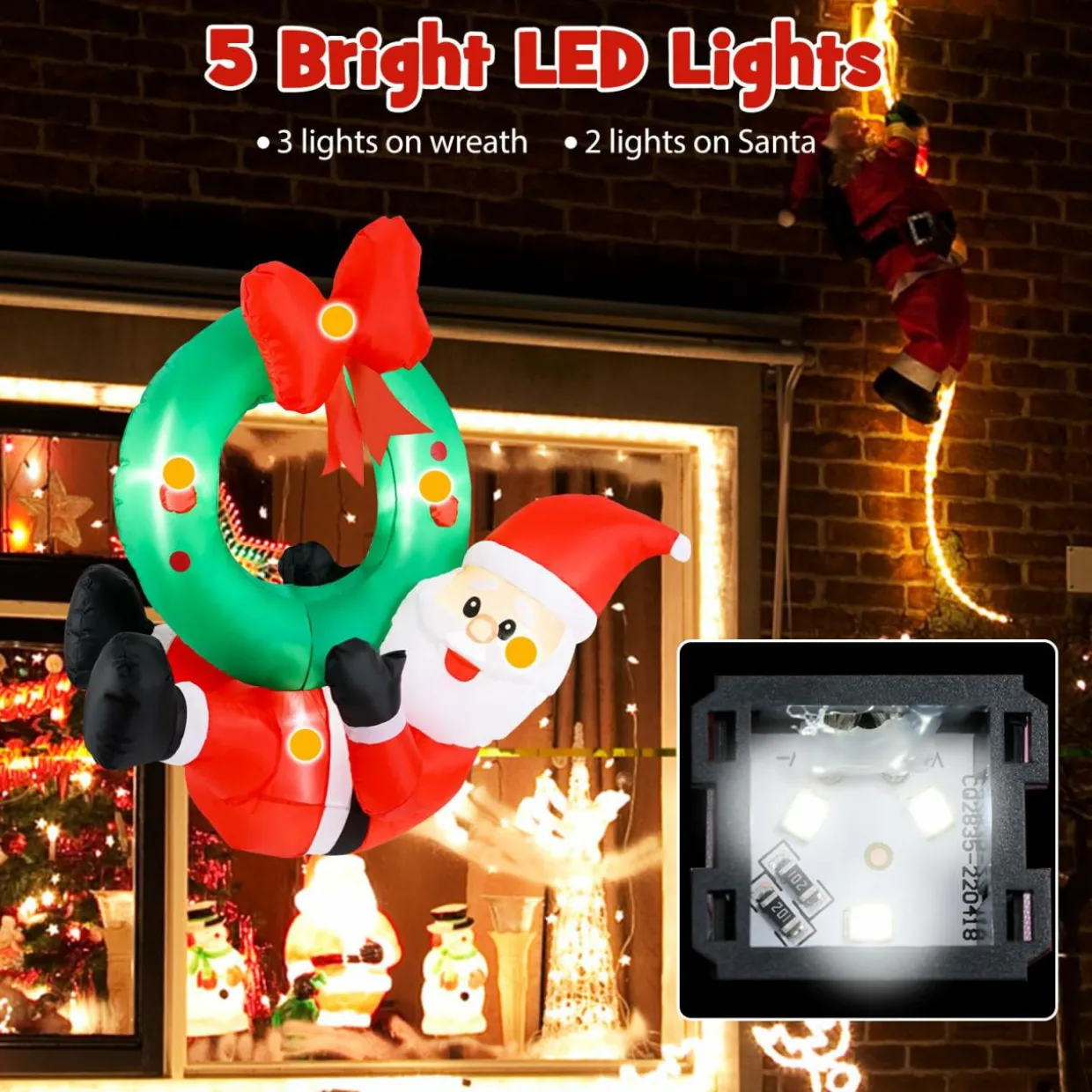 Tangkula 4 FT Inflatable Hanging Santa Claus Wreath, Christmas Pre-Lit Santa & Wreath with Red Bow & 5 LED Lights