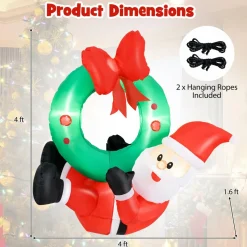 Tangkula 4 FT Inflatable Hanging Santa Claus Wreath, Christmas Pre-Lit Santa & Wreath with Red Bow & 5 LED Lights