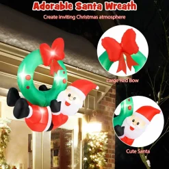 Tangkula 4 FT Inflatable Hanging Santa Claus Wreath, Christmas Pre-Lit Santa & Wreath with Red Bow & 5 LED Lights