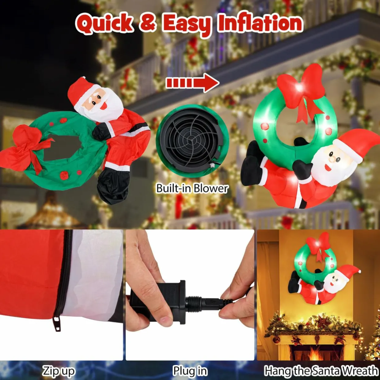 Tangkula 4 FT Inflatable Hanging Santa Claus Wreath, Christmas Pre-Lit Santa & Wreath with Red Bow & 5 LED Lights