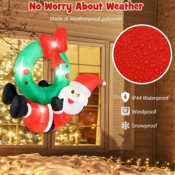 Tangkula 4 FT Inflatable Hanging Santa Claus Wreath, Christmas Pre-Lit Santa & Wreath with Red Bow & 5 LED Lights