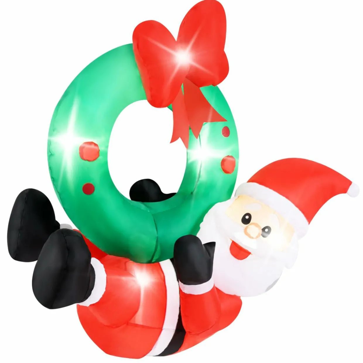 Tangkula 4 FT Inflatable Hanging Santa Claus Wreath, Christmas Pre-Lit Santa & Wreath with Red Bow & 5 LED Lights